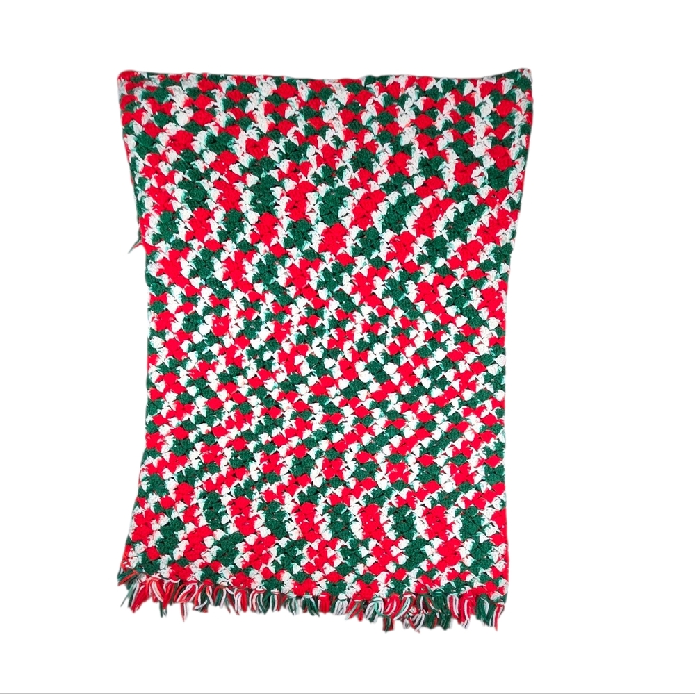 Vintage Granny Crochet Red Green White Christmas Afghan Throw Tassel Blanket